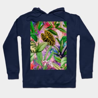 Tropical tropical floral leaves and foliage botanical illustration, pink purple leaves pattern over a Hoodie